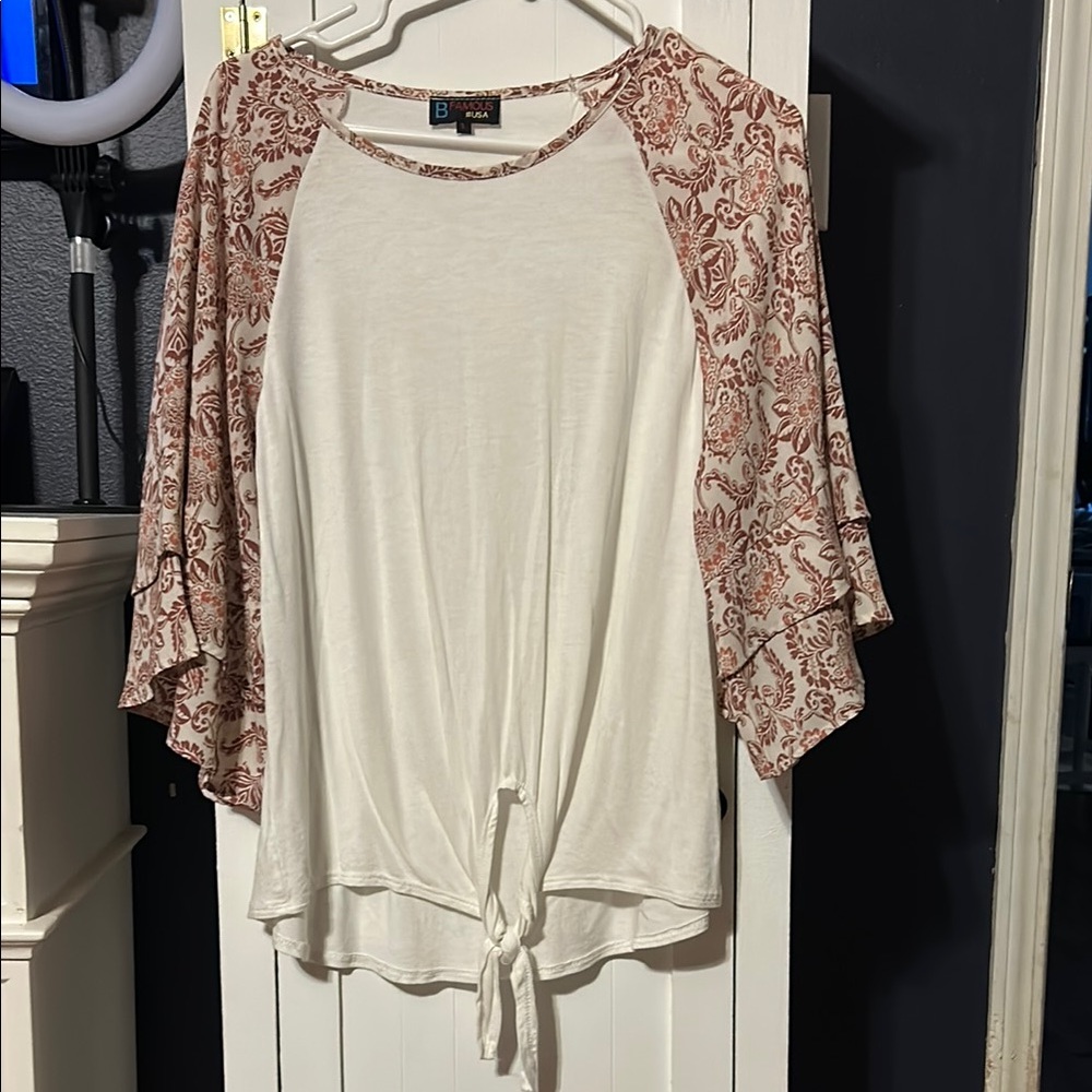BCX Women's White and Brown Patterned Top